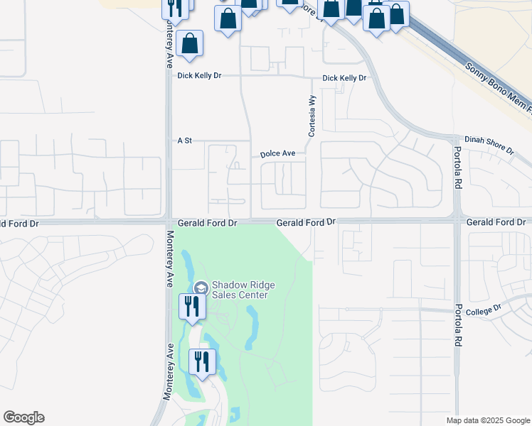 map of restaurants, bars, coffee shops, grocery stores, and more near 73447 Travers Street in Palm Desert