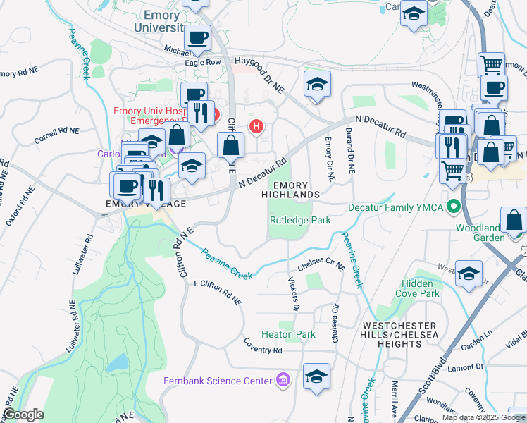 map of restaurants, bars, coffee shops, grocery stores, and more near 422 Emory Drive Northeast in Atlanta