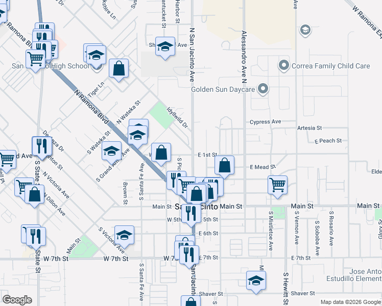 map of restaurants, bars, coffee shops, grocery stores, and more near 161 West 1st Street in San Jacinto