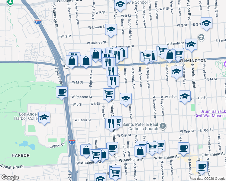 map of restaurants, bars, coffee shops, grocery stores, and more near 1236 Wilmington Boulevard in Los Angeles