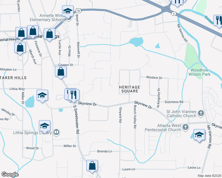 map of restaurants, bars, coffee shops, grocery stores, and more near 610 Sunset Drive in Lithia Springs