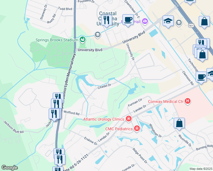 map of restaurants, bars, coffee shops, grocery stores, and more near Citadel Drive in Conway