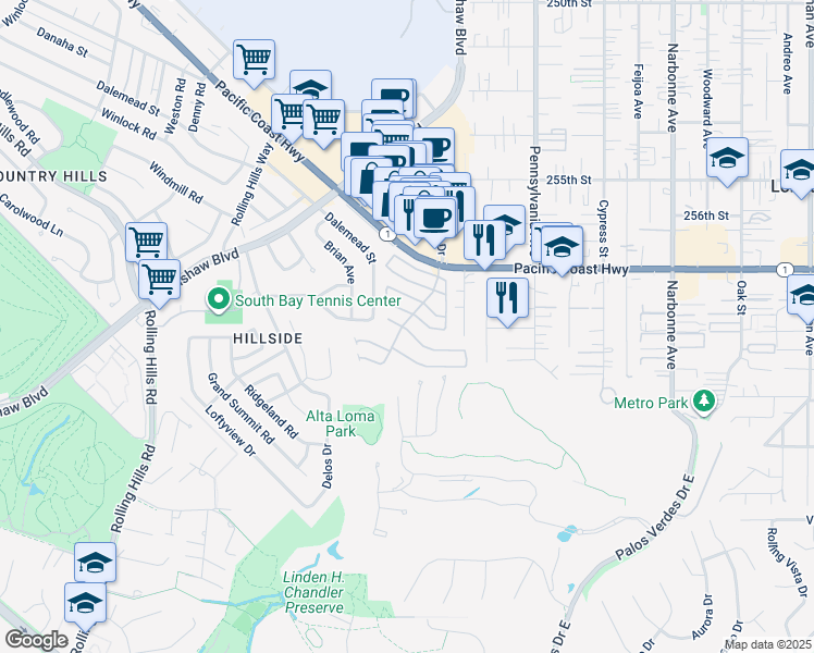 map of restaurants, bars, coffee shops, grocery stores, and more near 2550 Pacific Coast Highway in Torrance