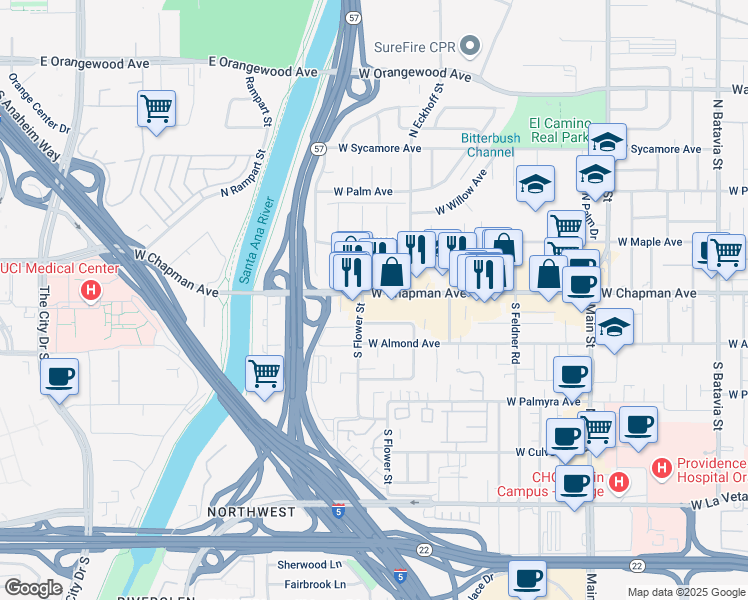 map of restaurants, bars, coffee shops, grocery stores, and more near 2140 West Chapman Avenue in Orange