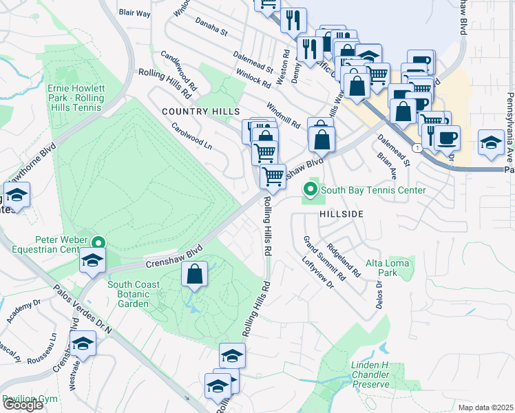 map of restaurants, bars, coffee shops, grocery stores, and more near 25935 Rolling Hills Road in Torrance