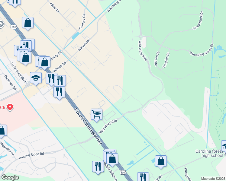 map of restaurants, bars, coffee shops, grocery stores, and more near 1041 Tee Shot Drive in Conway