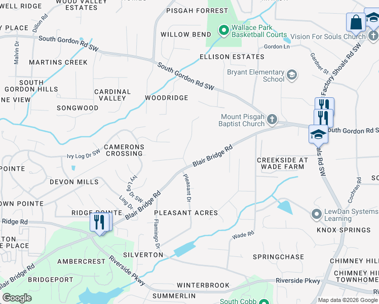 map of restaurants, bars, coffee shops, grocery stores, and more near 6835 Hembree Drive in Austell
