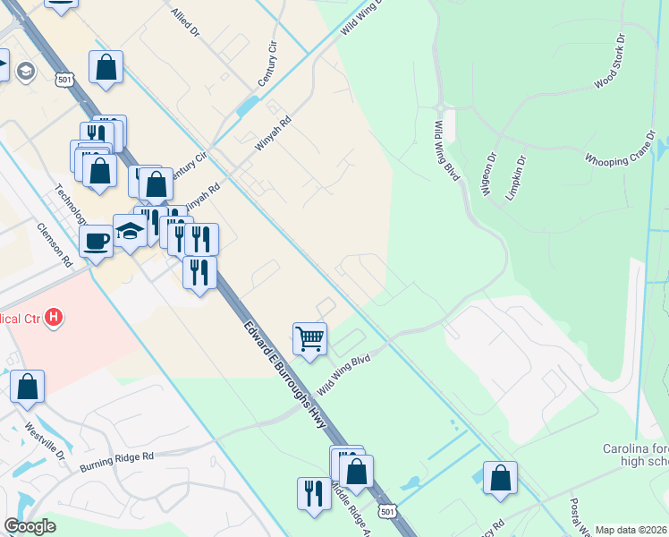 map of restaurants, bars, coffee shops, grocery stores, and more near 1100 Fairway Lane in Conway