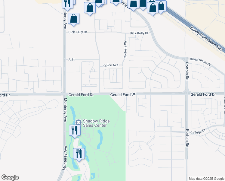 map of restaurants, bars, coffee shops, grocery stores, and more near 73467 Travers Street in Palm Desert