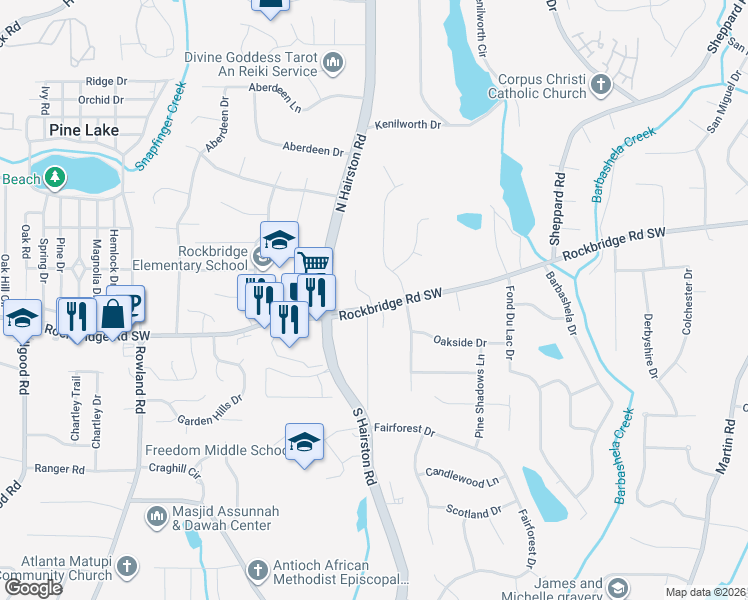 map of restaurants, bars, coffee shops, grocery stores, and more near 445 Stonebridge Court in Stone Mountain