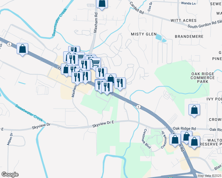 map of restaurants, bars, coffee shops, grocery stores, and more near 656 Thornton Road in Lithia Springs