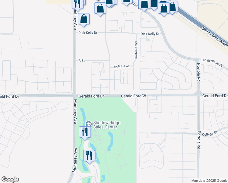 map of restaurants, bars, coffee shops, grocery stores, and more near 73435 Travers Street in Palm Desert