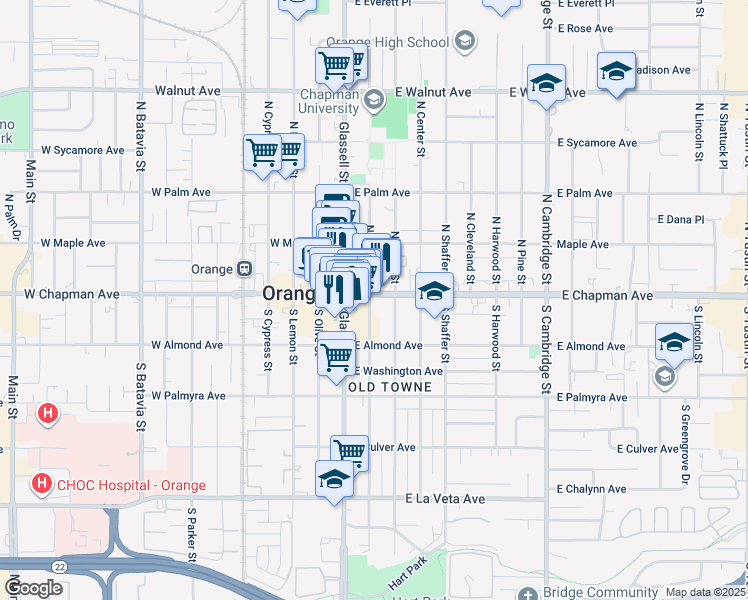 map of restaurants, bars, coffee shops, grocery stores, and more near 100-126 South Orange Street in Orange