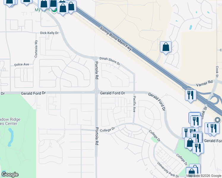 map of restaurants, bars, coffee shops, grocery stores, and more near 74439 Zeppelin Drive in Palm Desert
