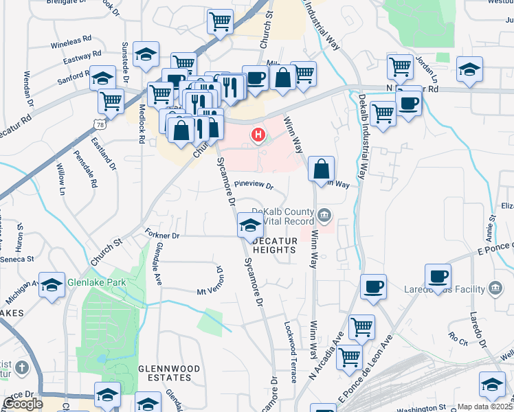 map of restaurants, bars, coffee shops, grocery stores, and more near 512 Bridlewood Circle in Decatur