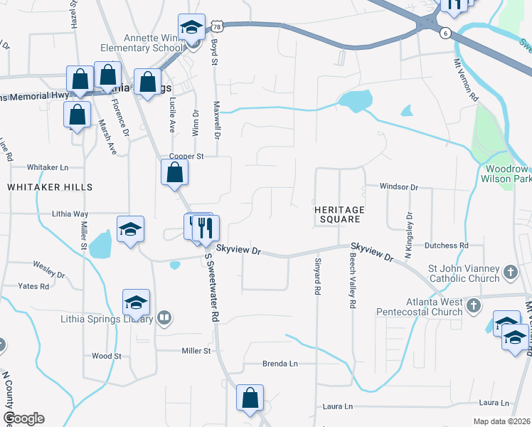map of restaurants, bars, coffee shops, grocery stores, and more near 1621 Sky Crest Drive in Lithia Springs