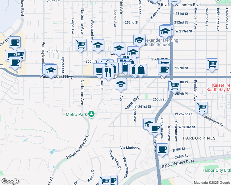 map of restaurants, bars, coffee shops, grocery stores, and more near 2025 259th Place in Lomita
