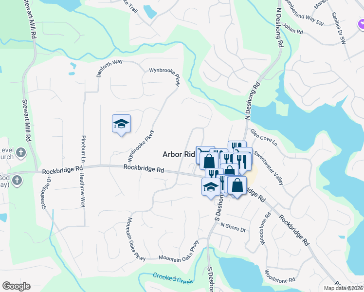 map of restaurants, bars, coffee shops, grocery stores, and more near 409 Arbor Ridge Drive in Stone Mountain