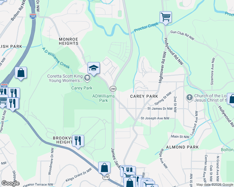 map of restaurants, bars, coffee shops, grocery stores, and more near 1189 Wedgewood Drive Northwest in Atlanta