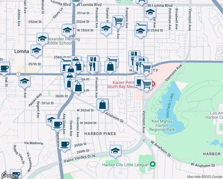 map of restaurants, bars, coffee shops, grocery stores, and more near 1436 259th Street in Los Angeles