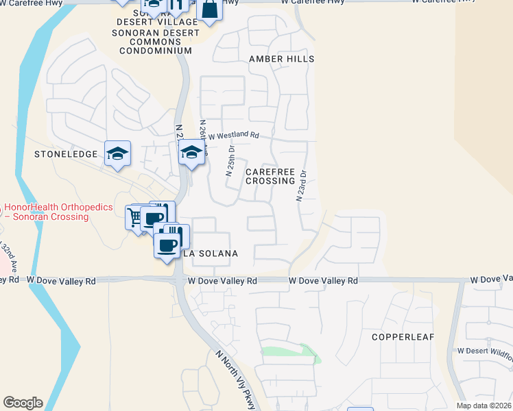 map of restaurants, bars, coffee shops, grocery stores, and more near 2425 West Long Shadow Trail in Phoenix