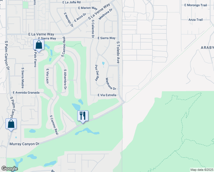 map of restaurants, bars, coffee shops, grocery stores, and more near 2455 Madrona Drive in Palm Springs