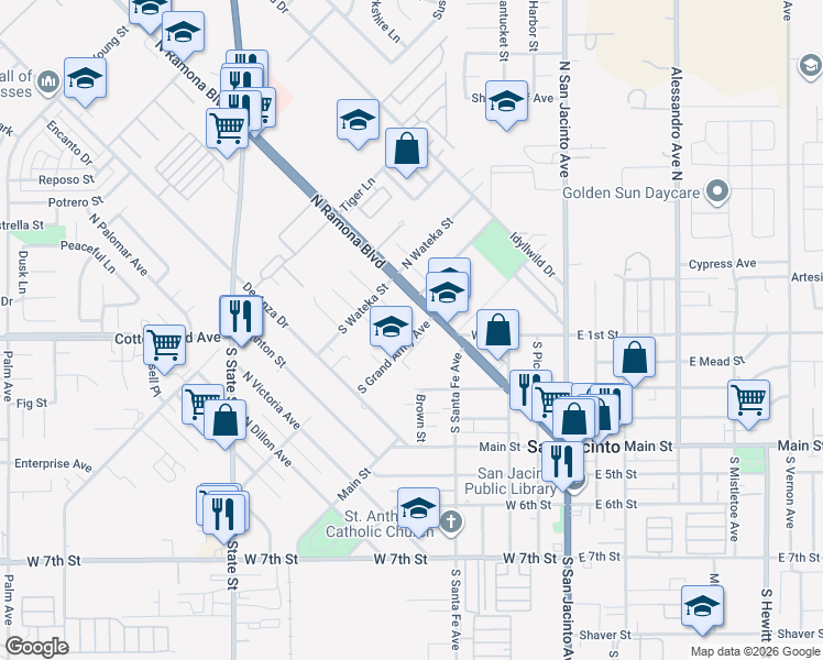 map of restaurants, bars, coffee shops, grocery stores, and more near 174 South Grand Army Avenue in San Jacinto