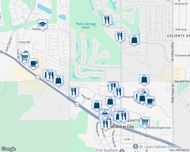 map of restaurants, bars, coffee shops, grocery stores, and more near 7523 Regency Drive in Palm Springs