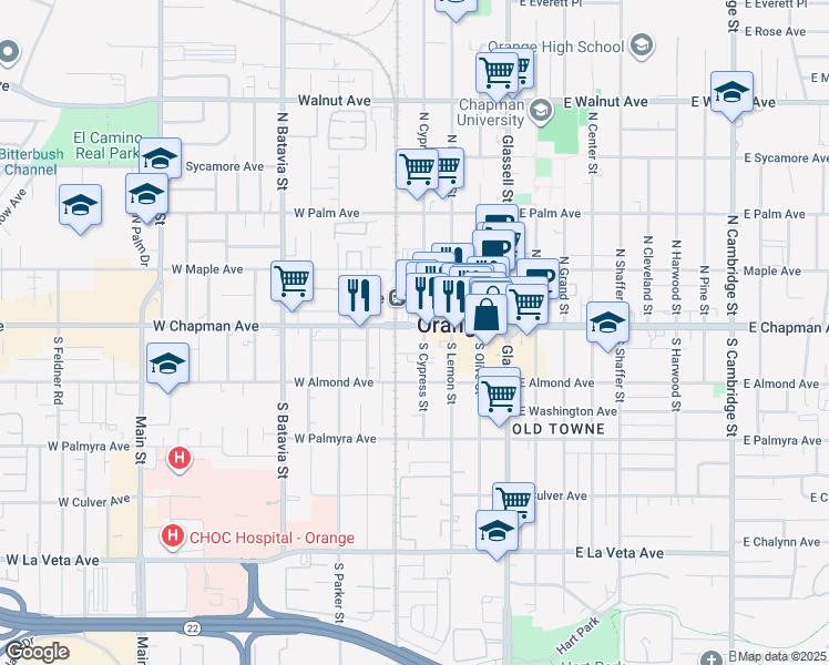 map of restaurants, bars, coffee shops, grocery stores, and more near 128 South Cypress Street in Orange