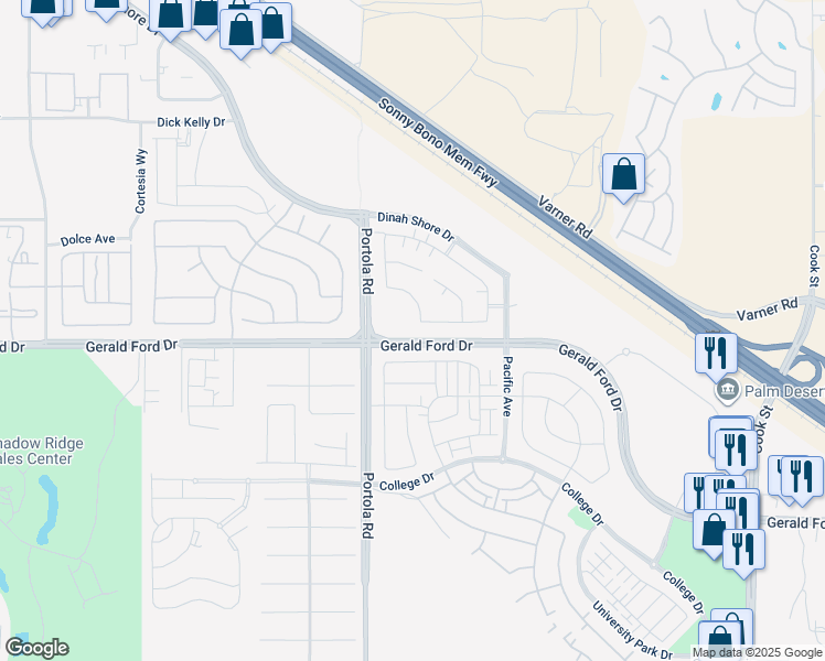 map of restaurants, bars, coffee shops, grocery stores, and more near 74425 Zeppelin Drive in Palm Desert