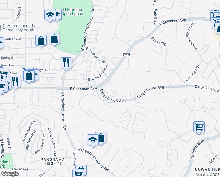 map of restaurants, bars, coffee shops, grocery stores, and more near 126 South Waterwheel Way in Orange