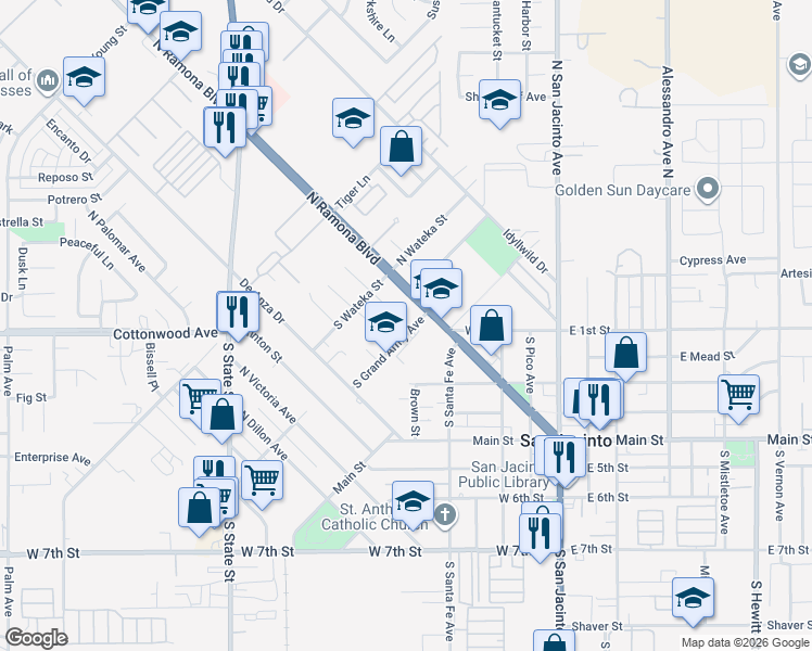 map of restaurants, bars, coffee shops, grocery stores, and more near 174 South Grand Army Avenue in San Jacinto