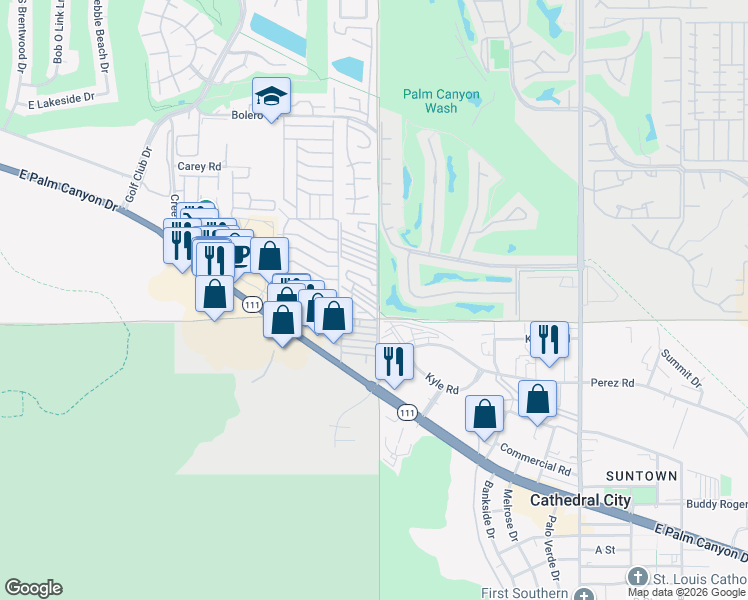 map of restaurants, bars, coffee shops, grocery stores, and more near 7 Lincoln Avenue in Palm Springs