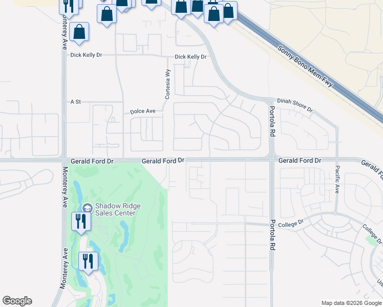 map of restaurants, bars, coffee shops, grocery stores, and more near 73685 Vermeer Way in Palm Desert