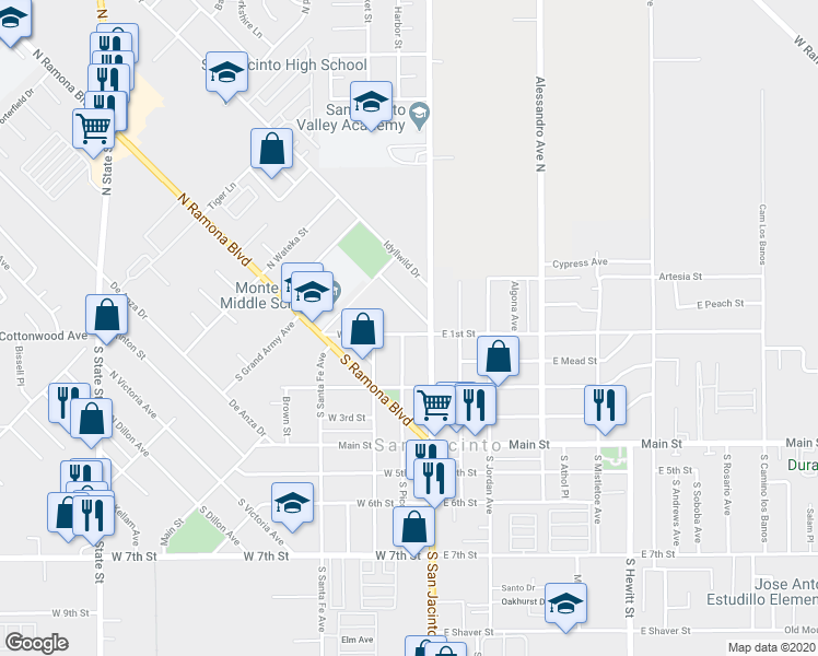 map of restaurants, bars, coffee shops, grocery stores, and more near 161 West 1st Street in San Jacinto
