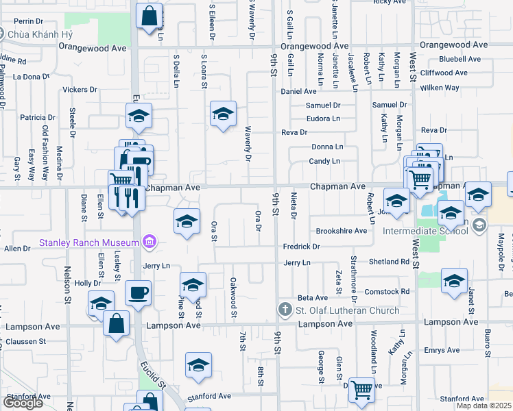 map of restaurants, bars, coffee shops, grocery stores, and more near in Garden Grove