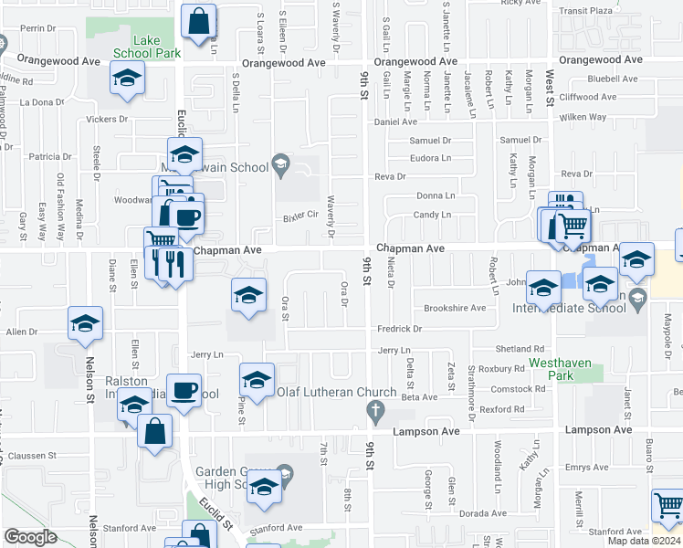 map of restaurants, bars, coffee shops, grocery stores, and more near 11052 Faye Avenue in Garden Grove