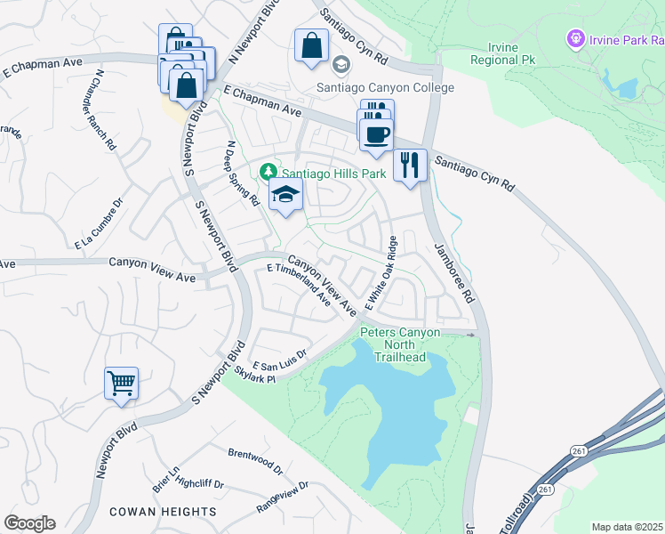 map of restaurants, bars, coffee shops, grocery stores, and more near 8204 East Woodwind Avenue in Orange