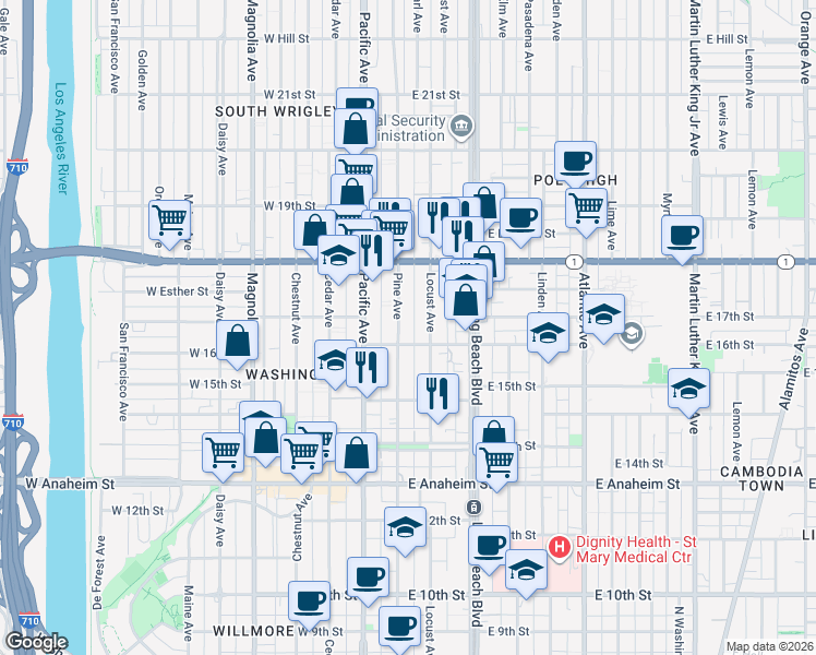 map of restaurants, bars, coffee shops, grocery stores, and more near 1617 Pine Avenue in Long Beach
