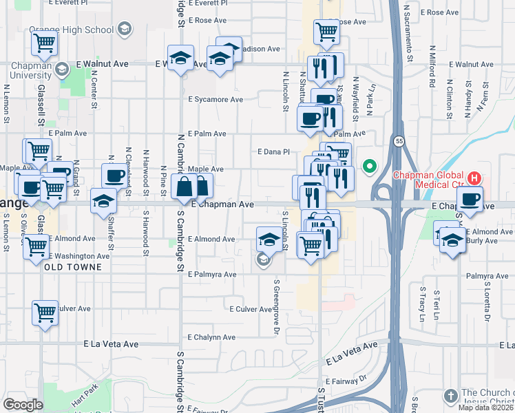 map of restaurants, bars, coffee shops, grocery stores, and more near 1324 East Chapman Avenue in Orange