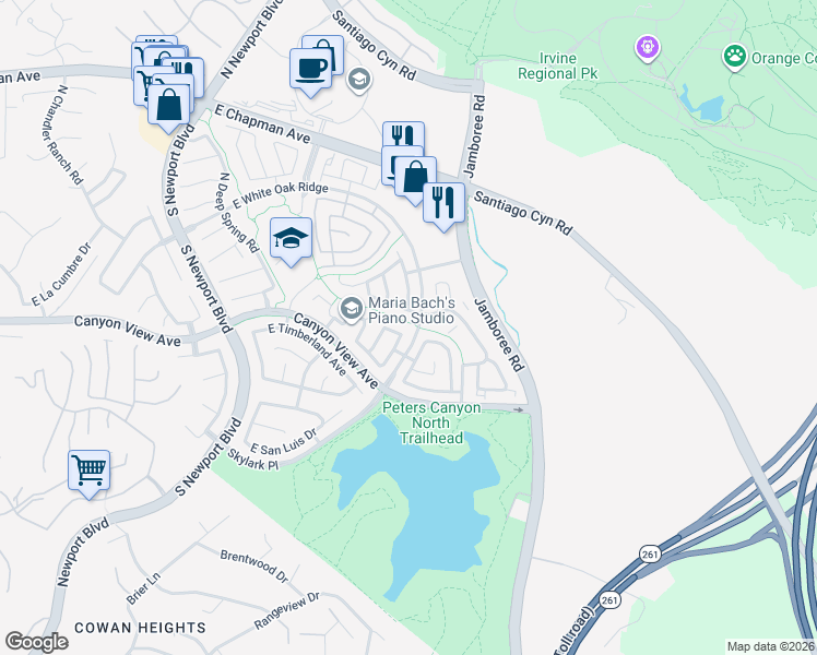 map of restaurants, bars, coffee shops, grocery stores, and more near 127 South Shadow Pines Road in Orange