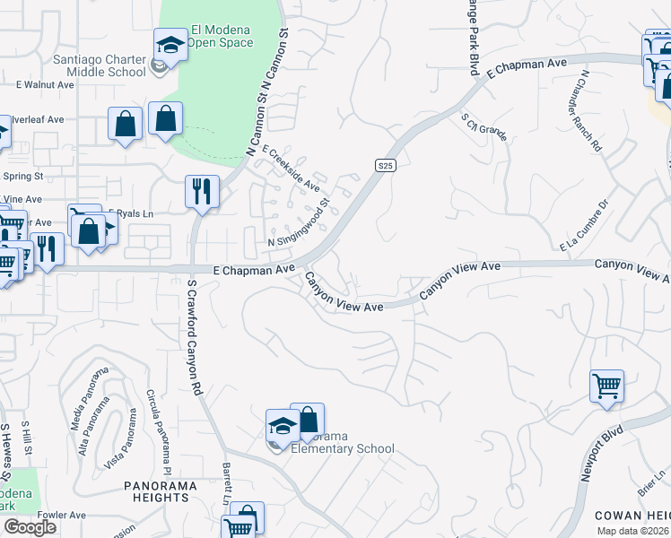 map of restaurants, bars, coffee shops, grocery stores, and more near 158 South Stonebrook Drive in Orange