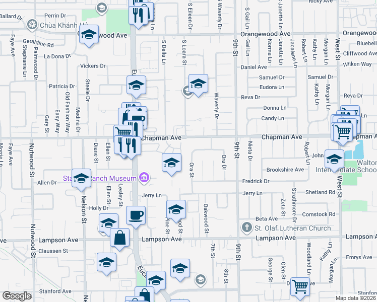 map of restaurants, bars, coffee shops, grocery stores, and more near 12082 Ora Street in Garden Grove