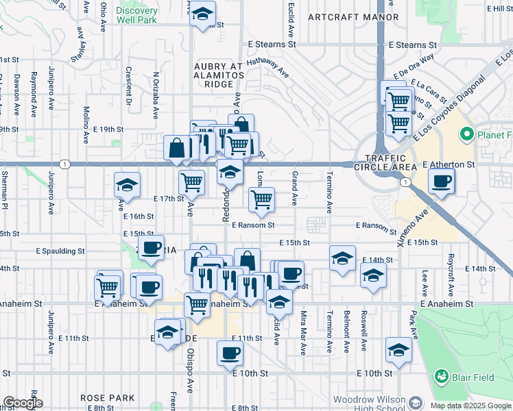 map of restaurants, bars, coffee shops, grocery stores, and more near East Wilton Street in Long Beach