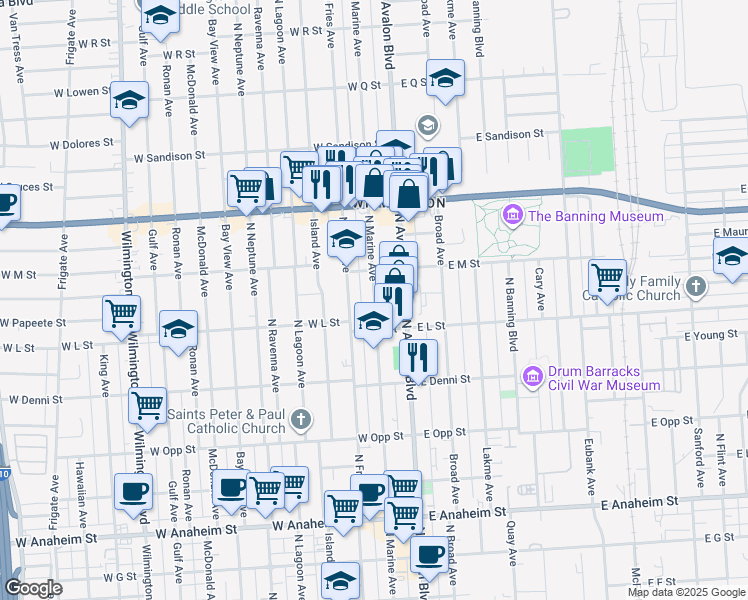 map of restaurants, bars, coffee shops, grocery stores, and more near 1225 North Marine Avenue in Los Angeles