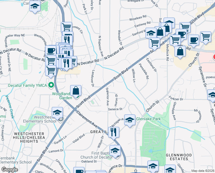 map of restaurants, bars, coffee shops, grocery stores, and more near 1123 Scott Boulevard in Decatur