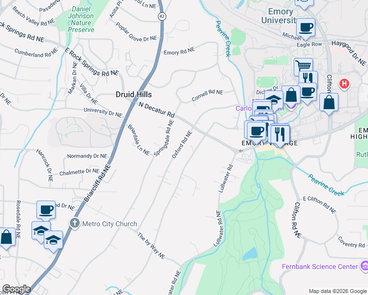 map of restaurants, bars, coffee shops, grocery stores, and more near 1192 Oakdale Road Northeast in Atlanta