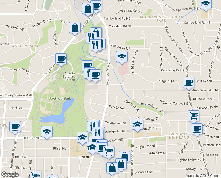 map of restaurants, bars, coffee shops, grocery stores, and more near 1202 Monroe Drive Northeast in Atlanta