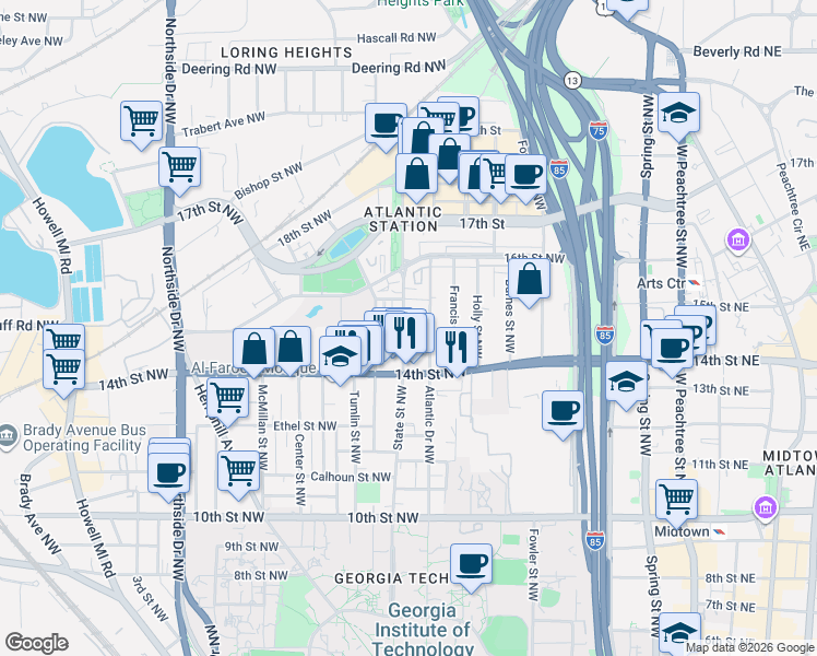 map of restaurants, bars, coffee shops, grocery stores, and more near 1214 State Street Northwest in Atlanta