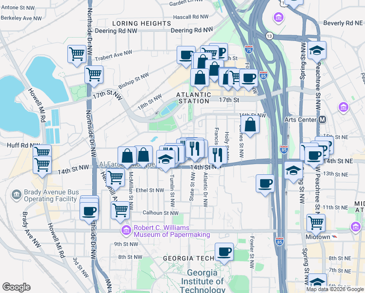 map of restaurants, bars, coffee shops, grocery stores, and more near 1214 State Street Northwest in Atlanta